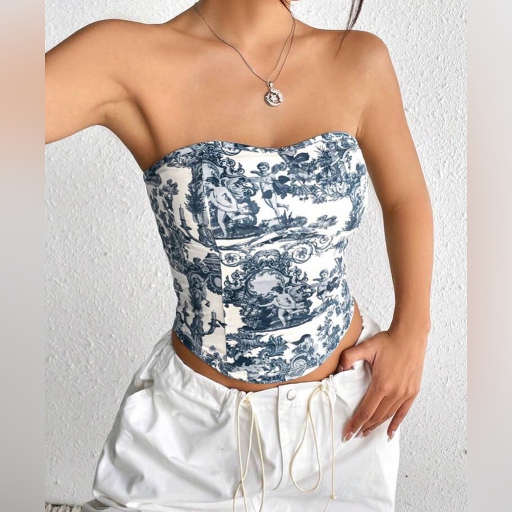 Strapless Blue Toile Print Bustier tube Top size small with tags